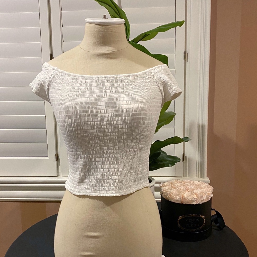Brandy Melville White Ruched Off the Shoulder Top